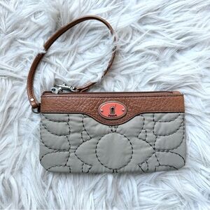 FOSSIL Key Per Quilted Leather Brown Floral Top Zip Wristlet/Wallet Classic